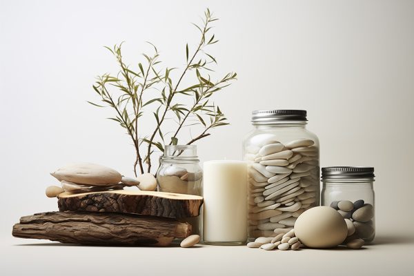 Natural wellness setup with candles, stones in jars, wooden logs, and green leaves for a serene ambiance.